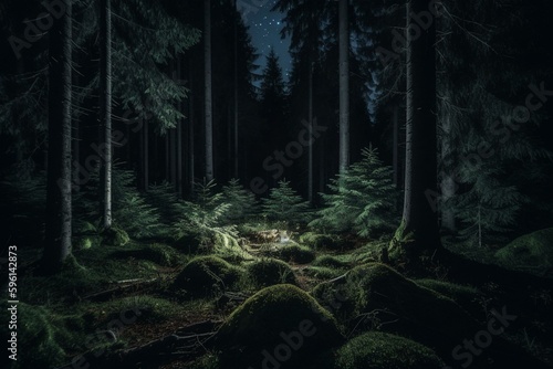 Nighttime coniferous woodland scenery. Generative AI