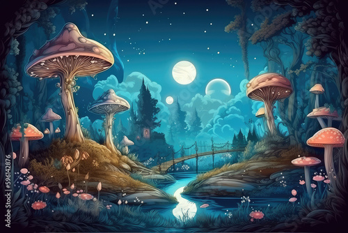 fantastic wonderland landscape with mushrooms, lilies flowers, morpho butterflies and moon. illustration to the fairy tale Alice in Wonderland, generative AI
