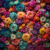 Chrysanthemum flowers wall art square photo, manufacture palette background, bright color generative ai illustration