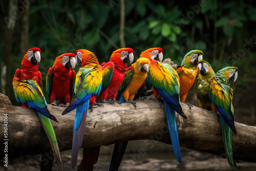 group of colorful parrots in amazon jungle, generative AI