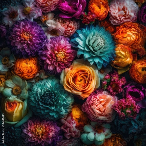 Chrysanthemum colored flowers wall art square photo, manufacture palette background, bright color generative ai illustration © Wiktoria