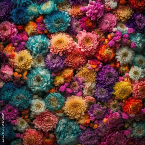 Chrysanthemum flowers wall art square photo, manufacture palette background, bright color generative ai illustration © Wiktoria
