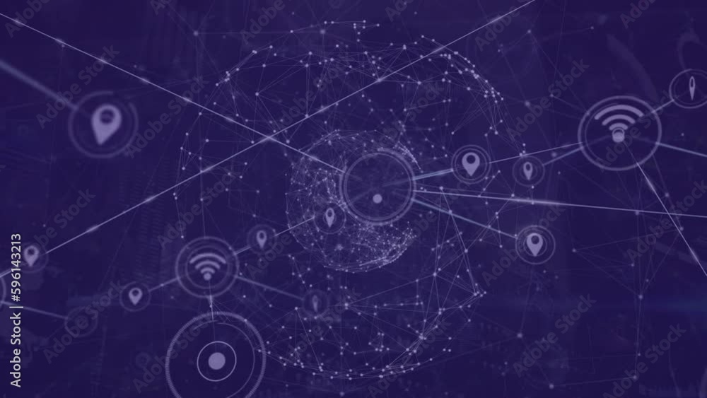 Animation of network of digital icons over globe of network of connections on purple background Animation of network of digital icons over globe of network of connections on purple background