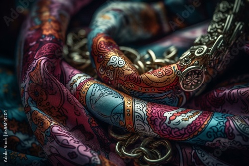 Colorful chain and paisley scarf design. Generative AI