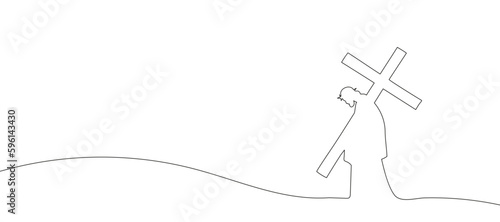 drawing of jesus christ carrying the cross drawn continuous line. Vector illustration