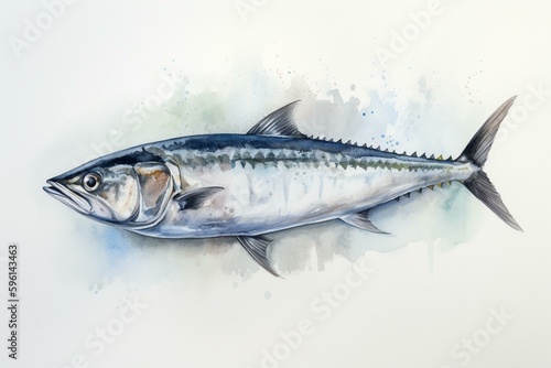 Watercolor illustration of a white background mackerel. Generative AI