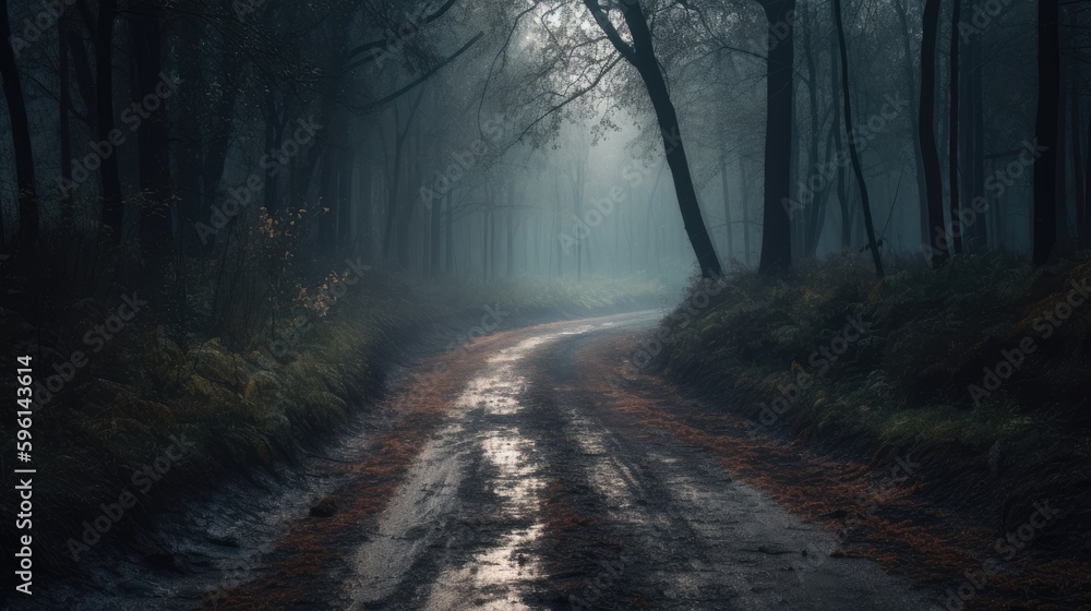 Fog forest road landscape at autumn generative ai