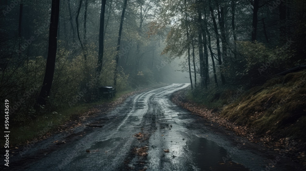 Moddy forest road landscape at autumn generative ai Moddy forest road landscape at autumn generative ai