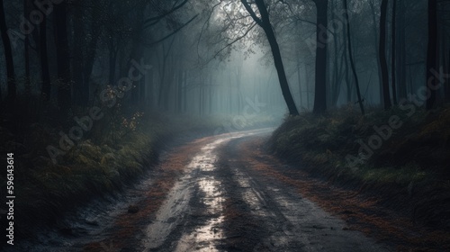 Fog forest road landscape at autumn generative ai