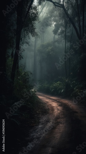 Jungle road moody landscape with heavy rain generative ai