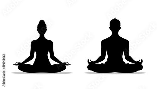 silhouette of a woman and a man practicing yoga, in the lotus position on a white background.
