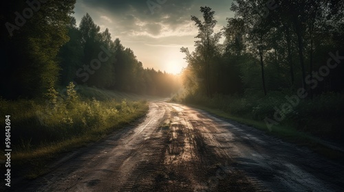 Sunny forest road sunset summer landscape generative ai