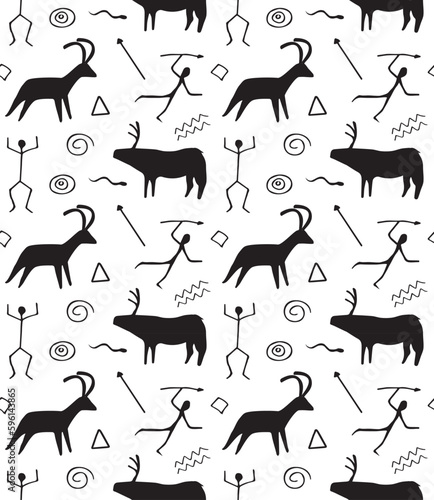 Vector seamless pattern of ancient rock paintings isolated on white background