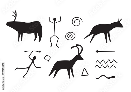 Vector set of ancient rock paintings isolated on white background photo