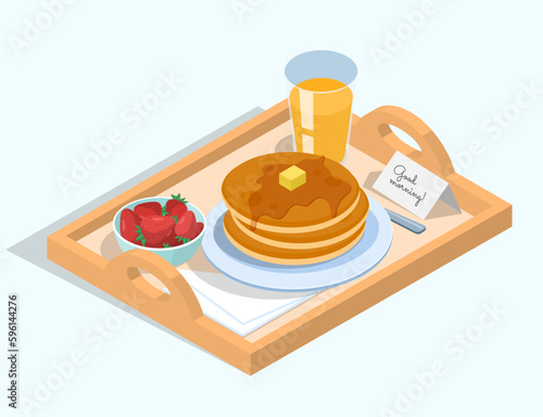 Tray with breakfast. Pancakes with butter on plate with glass of orange juice and strawberries. Good morning, traditional food with drink. Cartoon isometric vector illustration