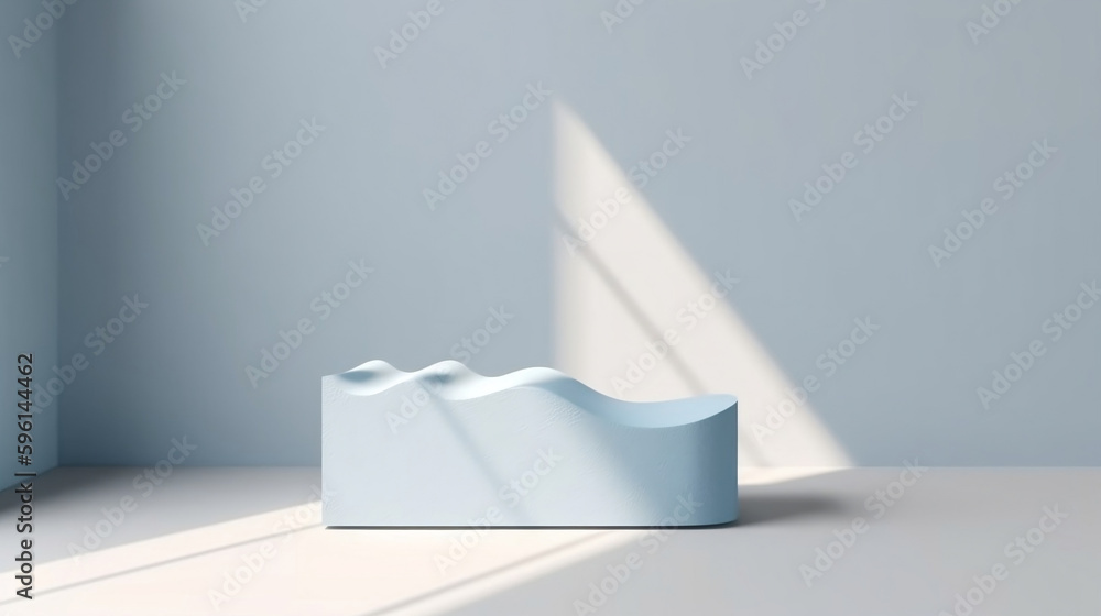 Blank powder blue cement curve counter podium with texture, soft beautiful dappled sunlight, leaf shadow on white wall for luxury organic cosmetic, skincare, beauty treatment product background 3D Blank powder blue cement curve counter podium with texture, soft beautiful dappled sunlight, leaf shadow on white wall for luxury organic cosmetic, skincare, beauty treatment product background 3D