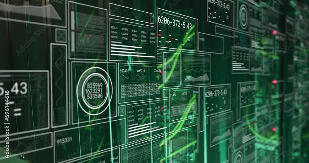 Animation of graphs, loading bars and circles with changing numbers over serve racks Animation of graphs, loading bars and circles with changing numbers over serve racks