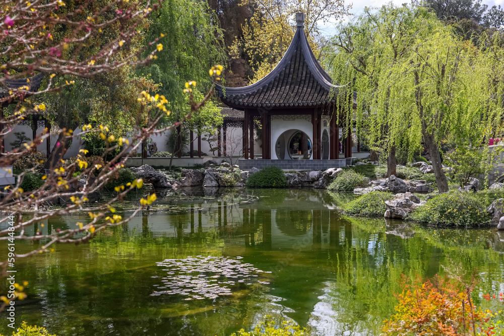 Pavilion by the pond in Chinese garden in side Huntington Botanical gardens, California.