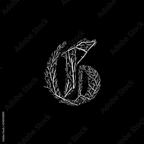 letter G branches hand drawing vector isolated on black background.