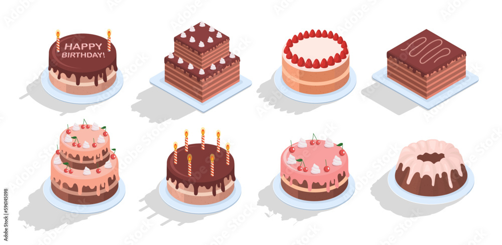 Set of cakes. Collection of sweets, desserts and delicacies. Pastry and bakery chocolate products with berries and fruits. Cartoon isometric vector illustrations isolated on white background Set of cakes. Collection of sweets, desserts and delicacies. Pastry and bakery chocolate products with berries and fruits. Cartoon isometric vector illustrations isolated on white background