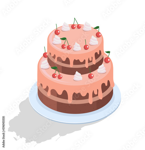 Cake with pink icing and cherry. Sweetness, dessert and delicacy. Sticker for social networks and messengers. Homemade pastry and bakery. Cartoon isometric vector illustration
