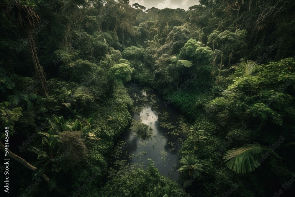 A bird's eye view of the lush Amazonian jungle. Generative AI