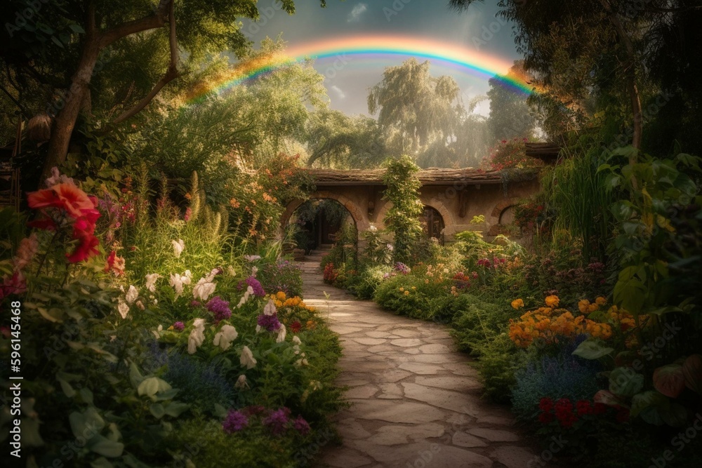 Rainbow in magical garden, digital art. Generative AI