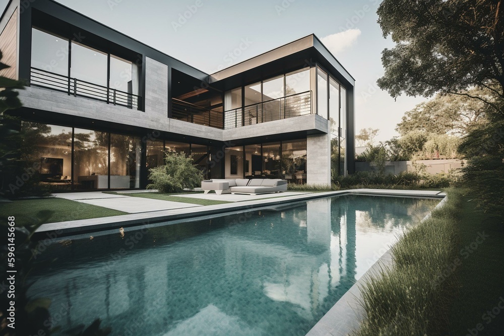 Contemporary home featuring a landscaped yard and refreshing swimming area. Generative AI