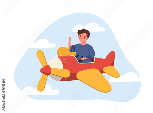 Boy on plane. Beginner pilot  aviation and flights  travels. Imagination and fantasy. Summer or spring sky. Poster or banner for website. Cartoon flat vector illustration