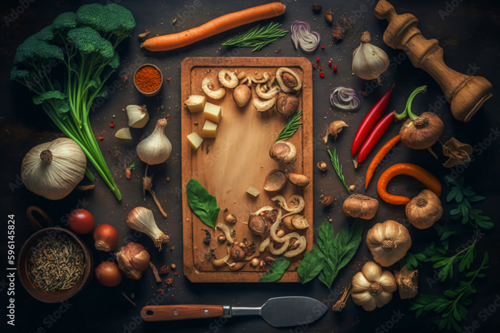 Food background. Rustic wooden board. Vegetables, mushrooms, roots, spices - ingredients for vegan, cooking. Healthy eating, diet, comfort slow food. concept. Old kitchen table, top view	 - obrazy, fototapety, plakaty 