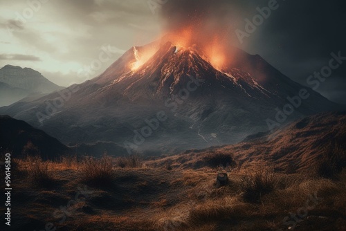 A dark fantasy mountain or volcano landscape in a matte painting. Generative AI