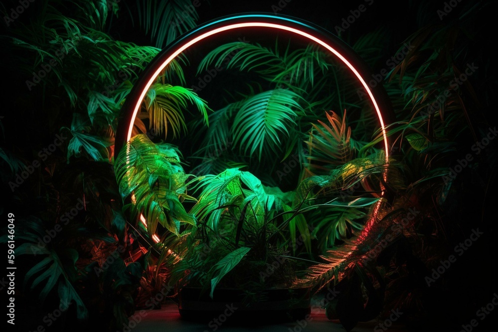 Neon lights amidst tropical leaves in circular fluorescent frame in nature. Generative AI
