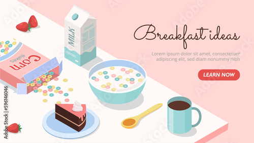 Isometric breakfast concept. Design for landing page. Cereal with milk, piece of cake and hot drink in cup. Tea or coffee in mug. Morning traditional food. Cartoon isometric vector illustration