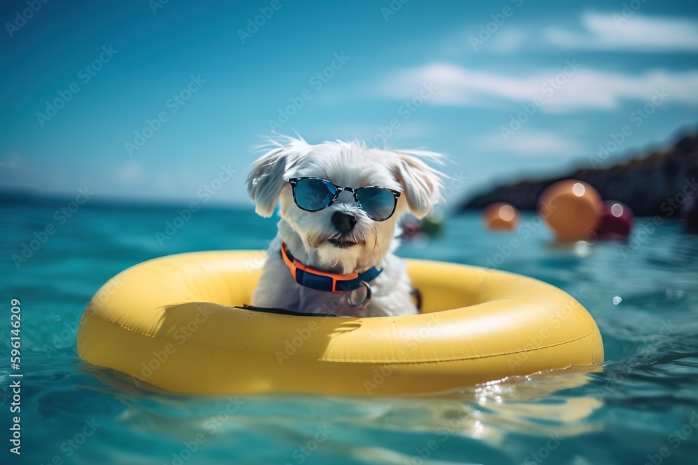 Sunny Days: A Playful Maltese Soaking Up the Sun on a Colorful Float at the Beach - Generative AI