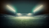 soccer stadium illuminated by spotlights and empty green grass playground, big stadium, Generative AI