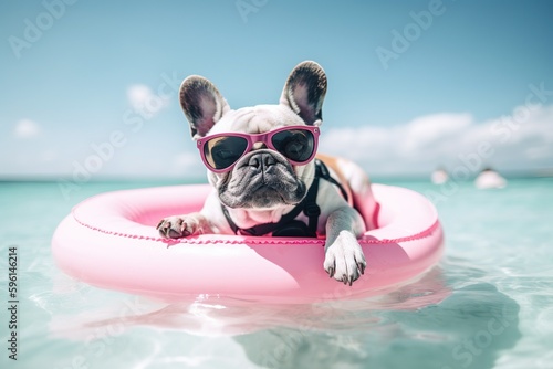 Summer Lovin': A Charming French Bulldog Enjoying The Warmth and Beauty of The Beach on a Float - Generative AI photo