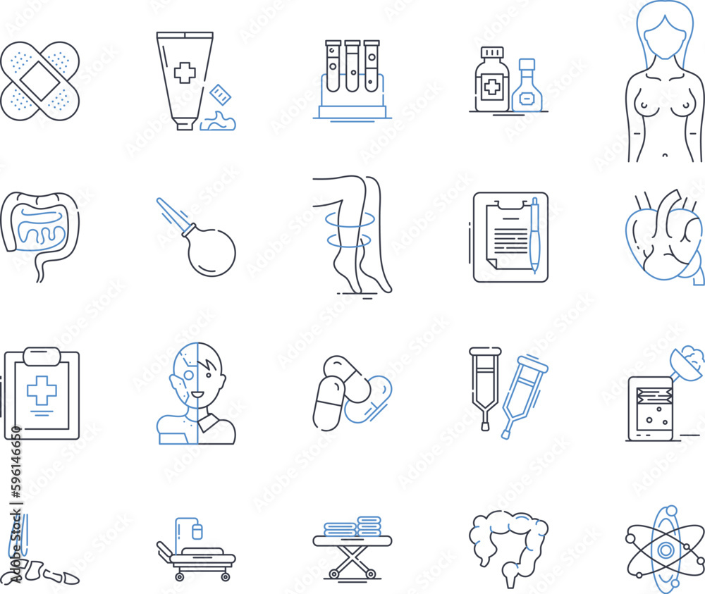 Outpatient clinic line icons collection. Consultation, Treatment, Diagnosis, Check-up, Specialist, Injections, Prescription vector and linear illustration. Therapy,Procedure,Exam outline signs set