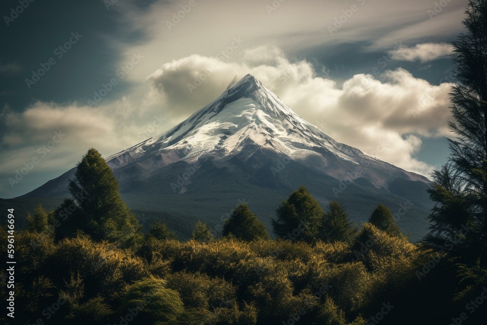 Lonquimay volcano in southern Chile, towering over a forested landscape with snow-capped peaks and green valleys, under a summer sky with clouds. Impressive scenery. Generative AI
