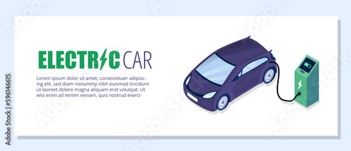 Electric car banner. Reducing emission of hazardous waste into atmosphere. Landing page design. Refueling with electricity. Modern technologies and innovations. Cartoon flat vector illustration