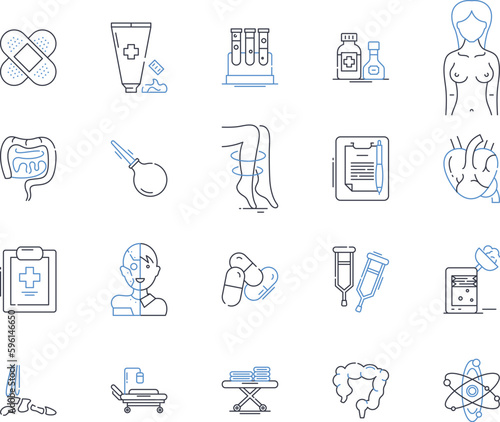 Outpatient clinic line icons collection. Consultation, Treatment, Diagnosis, Check-up, Specialist, Injections, Prescription vector and linear illustration. Therapy,Procedure,Exam outline signs set
