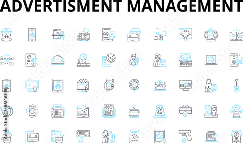 Advertisment management linear icons set. Advertising, Strategy, Budgeting, Analysis, Optimization, Campaign, Targeting vector symbols and line concept signs. Metrics,Performance,Creativity