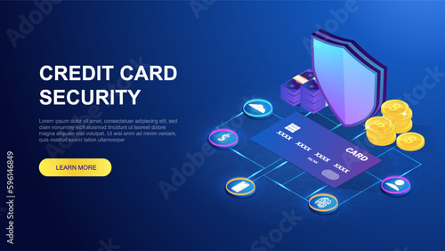 Credit card security. Internet safety and personal data protection. Landing page design. Shield, coins and banknotes. Internet transactions, electronic payments. Cartoon isometric vector illustration
