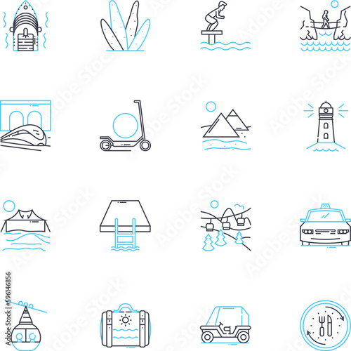 Road trips linear icons set. Adventure, Exploration, Freedom, Excitement, Journey, Escape, Wanderlust line vector and concept signs. Discovery,Scenery,Memories outline illustrations photo