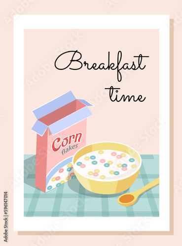 Breakfast cereal and milk. Poster or banner for website. Sweet and colorful corn flakes in plate. Tasty and healthy food. Dairy product with carbohydrates. Cartoon flat vector illustration