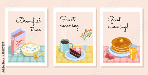 Breakfast posters set. Collection of graphic elements for website. Pancakes with juice, cake with tea or coffee and cereal with milk. Cartoon flat vector illustrations isolated on beige background