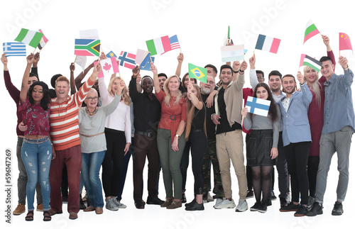 group of diverse people with international flags .