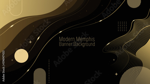 Modern Memphis Banner Background, abstract premium black and gold geometric shape with wavy lines, curve, overlap gradients, composition for illustration banner, website, template design