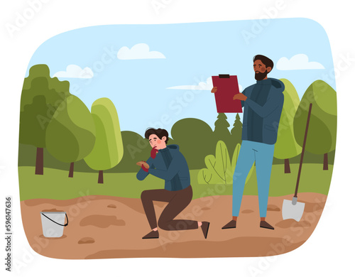 Researchers take samples biomaterial. Woman and man with shovel analyze composition of soil. Biologists and scientists in nature in forest. Explorers work in park. Cartoon flat vector illustration