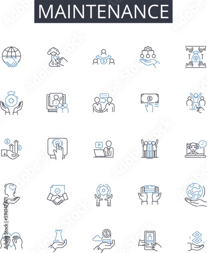 Maintenance line icons collection. Upkeep, Repair, Care, Service, Renewal, Preservation, Sustenance vector and linear illustration. Cleaning,Restoration,Refurbishment outline signs set