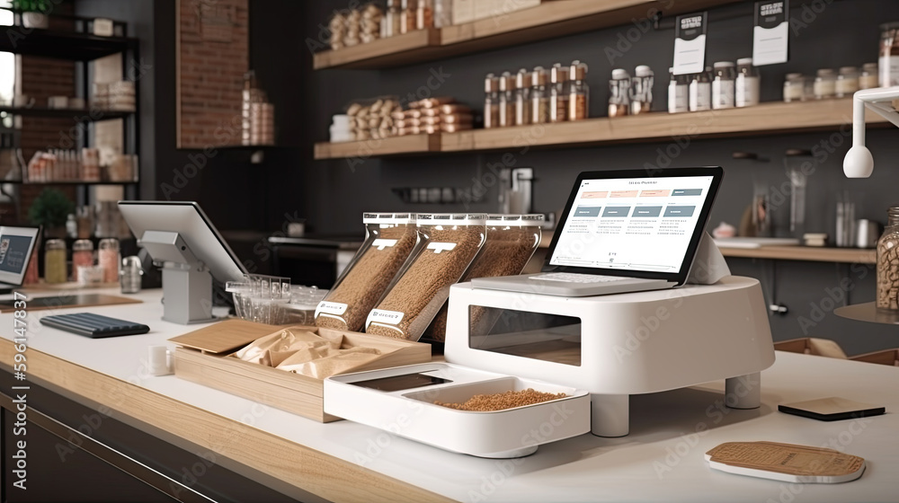 a modern cash register in a bakery. Generative AI - obrazy, fototapety, plakaty 